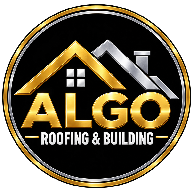 ALGO Roofing & Building round gold and silver logo